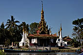 Inle Lake Myanmar. All the buildings are constructed on piles. Residents travel around by canoe, but there are also bamboo walkways and bridges over the canals, monasteries and stupas. 